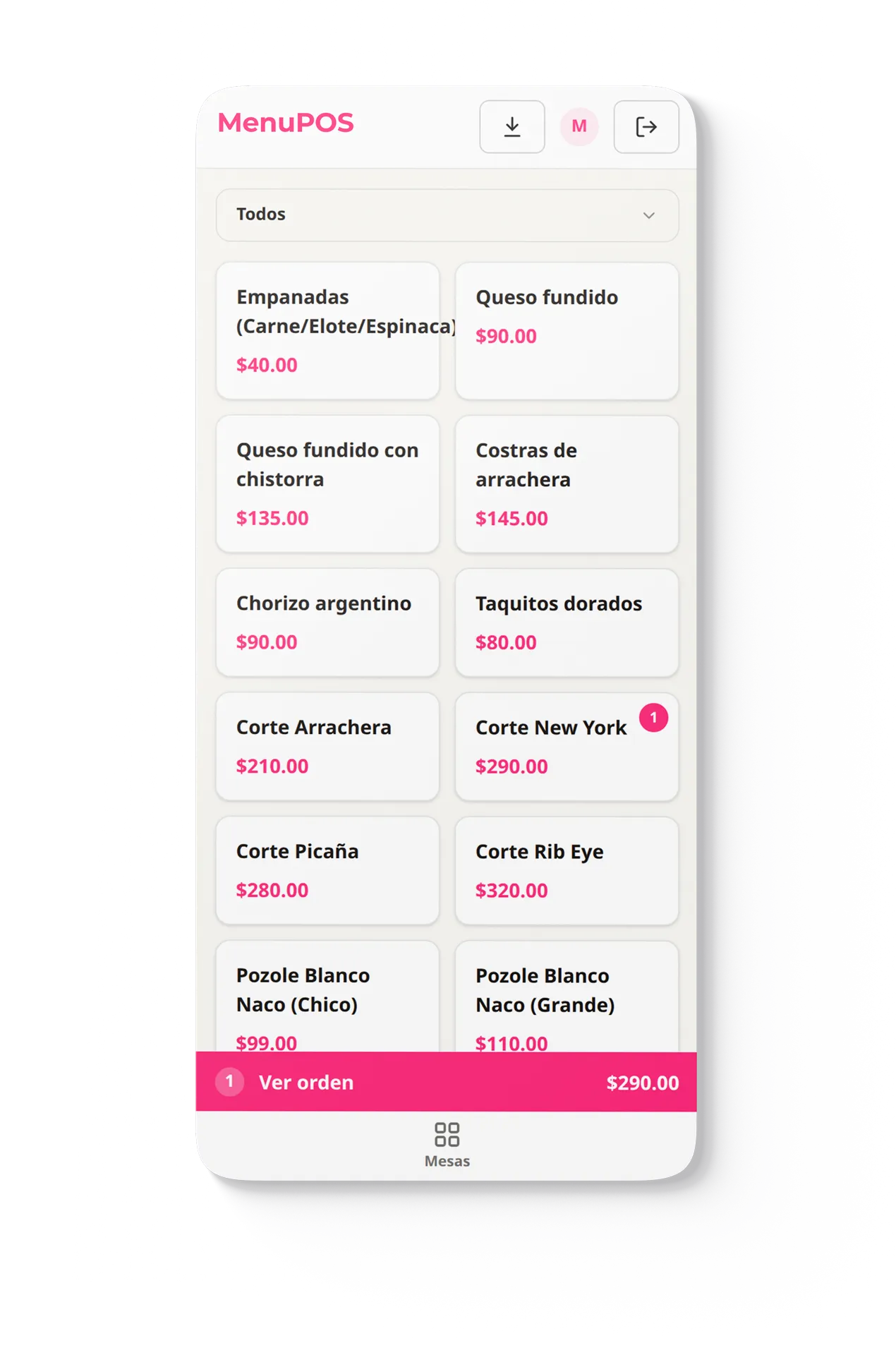 Pantalla de orden · menú, combos y modificadores